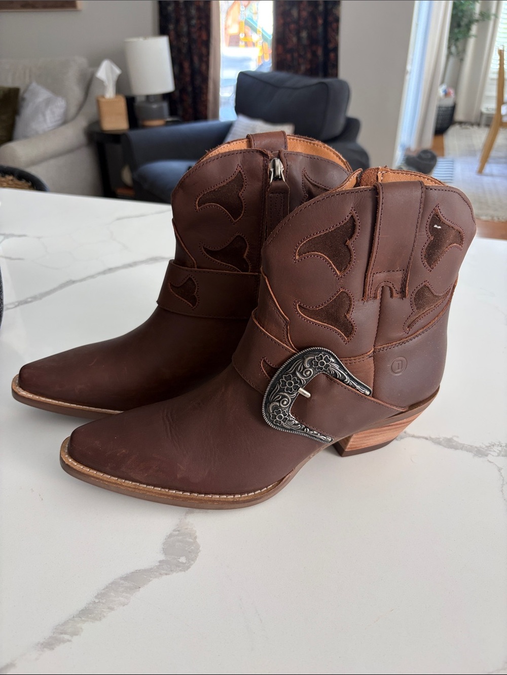 DINGO Brown Leather Western Ankle Boots with Decorative Buckle - Picture 3 of 5